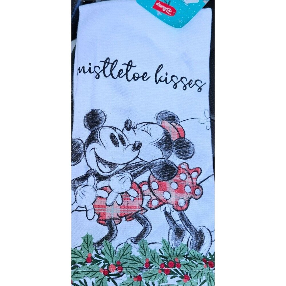 DISNEY CHRISTMAS MICKEY & MINNIE MOUSE 2 pk KITCHEN TOWELS NEW Mistletoe kisses